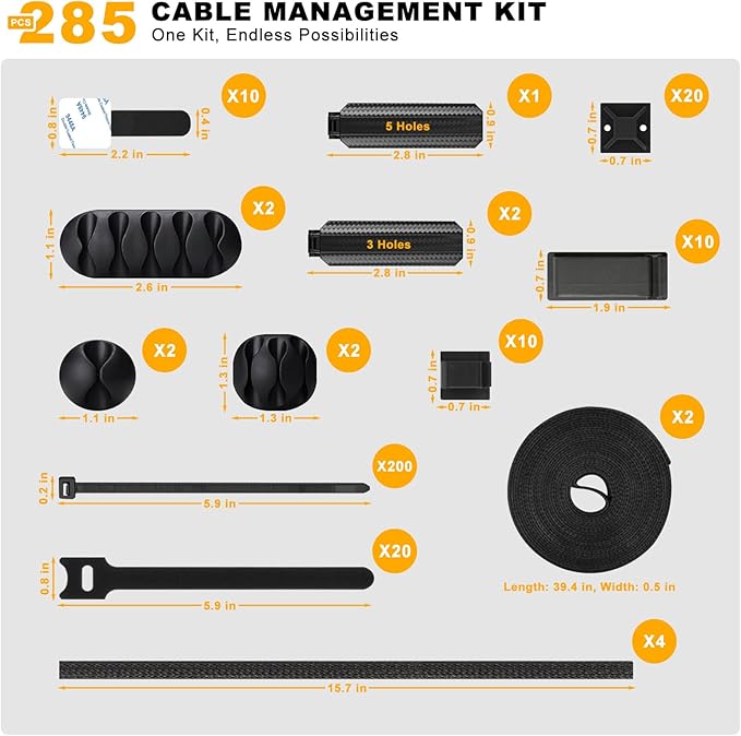 285 PCS Cable Management Kit - 4 Cable Sleeve Split, 50 Adhesive Cable Clips, 9 Cable Holder, 2 Roll Cable Organizer Straps, 200 Cable Zip Ties with 20 Mounts, for Computer TV Under Desk - Black