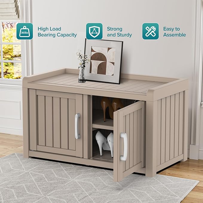 DRATO Indoor Outdoor Shoe Storage Cabinet, Shoe Bench Entryway with Adjustable Shelves, Waterproof Resin Storage Bench for Entryway, Foyer, Hallway (Gray, Duble Doors)