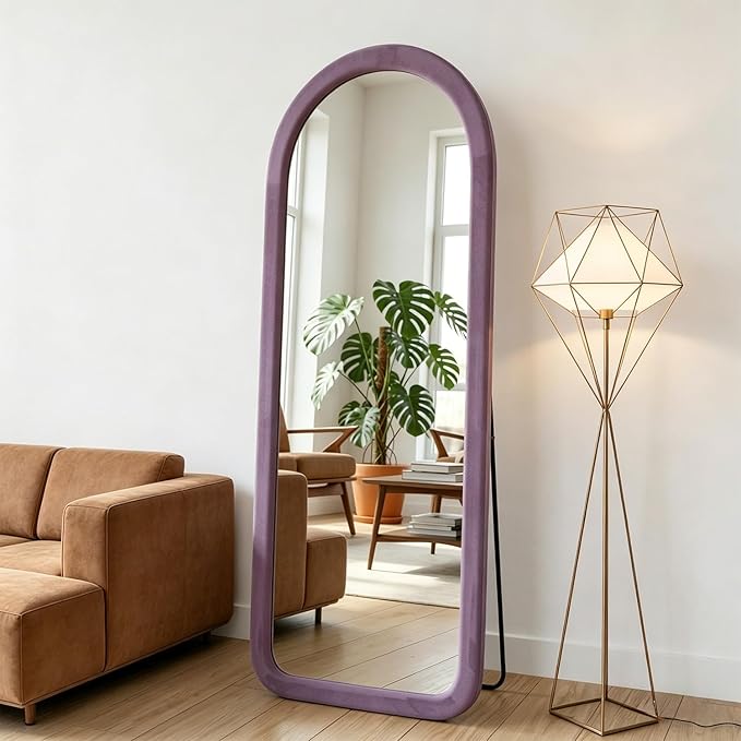 Full Length Mirror 56"x20" Arch Floor Mirror with Stand Arched Full Body Mirror Standing Hanging or Leaning Against Wall for Bedroom Flannel Wrapped Wooden Frame Purple