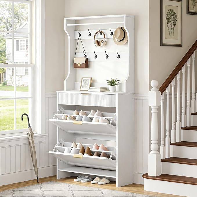 RALGEND Shoe Cabinet with Coat Rack, Tall Narrow Hidden Shoe Storage Cabinet with 2 Flip Drawers, Slim Freestanding Shoe Rack with Hooks, Hall Tree, Narrow Shoe Organizer for Entryway, White
