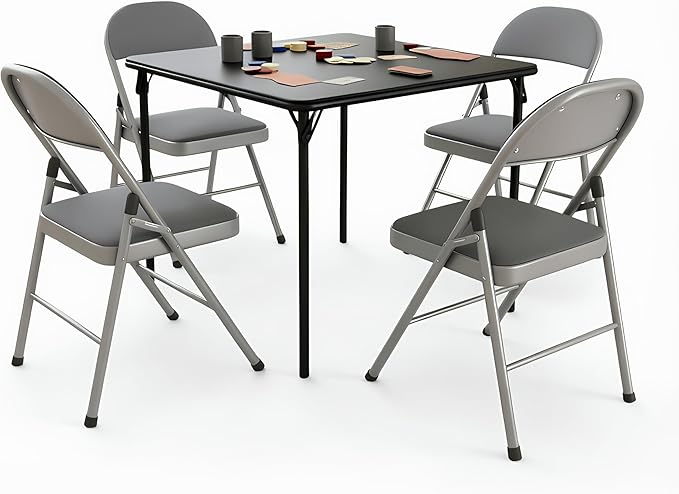VECELO 5-Piece Folding Card Table Square and Chair Set with Collapsible Legs & Vinyl Upholstery,Portable for Indoor & Outdoor, Black & Dark Grey