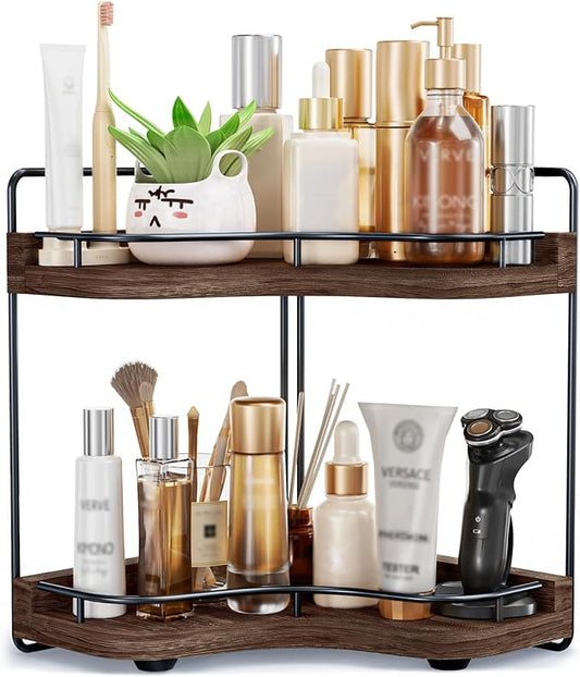 2-Tier Corner Bathroom Counter Organizer with Embedded Screw Holes, Secure & Stable Wood Vanity Shelf for Makeup and Skincare Essentials - Space Saving Bathroom Countertop Storage, Dark Brown