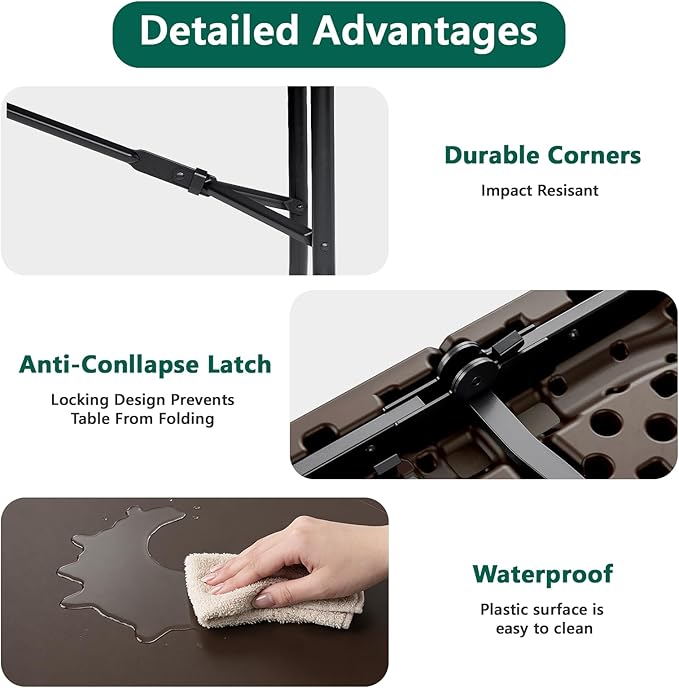 Folding Table 2 Pack, 6FT Heavy Duty Plastic Table with Handle, Foldable&Portable, Fold-in-Half Utility Tables for Outdoor, Dining, Wedding, Events, Indoor, Picnic, Camping, Party,Brown