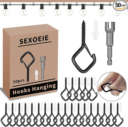 50 PCS Black Eye Screw Hooks for Hanging Heavy Duty with Safety Buckle.Metal Ceiling Hooks for Hanging Plants Cup Wind Chime Bird Feeders Patio Lights At Indoor&Outdoor
