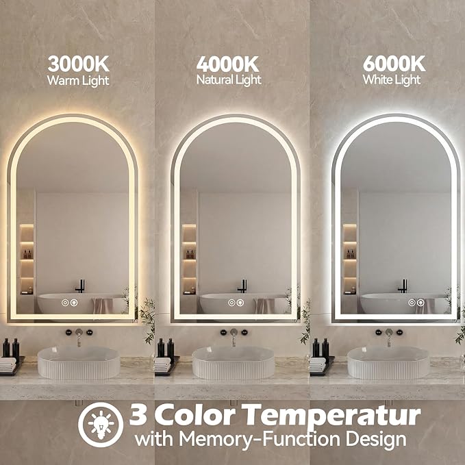 Sweetcrispy 24"×36" LED Arched Bathroom Mirror with Lights, Arched Lighted Bathroom Vanity Mirror with Anti-Fog, Dimmable, 3-Color Light, Memory Function, Tempered Glass