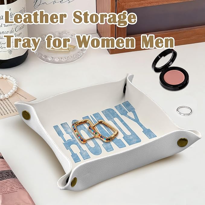 Cowgirl Gifts Jewelry Valet Tray for Women, Western Howdy Cowgirl PU Leather Catchall Beside Caddy Nightstand Organizer Tray for Jewelry Rings Watches Keys and Accessories, 7.87x7.87in