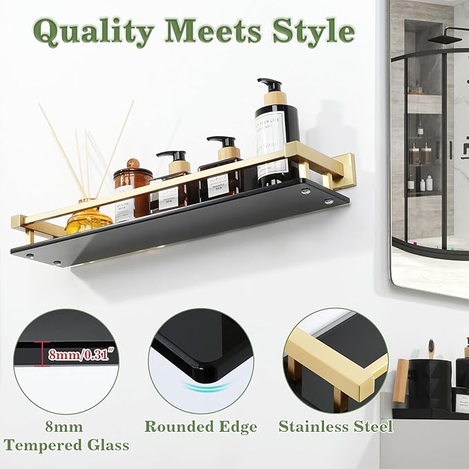Alise Glass Shelf for Bathroom 20 inch, Gold Black Glass Floating Shelves, Stainless Steel Glass Bathroom Shelves Wall Mounted