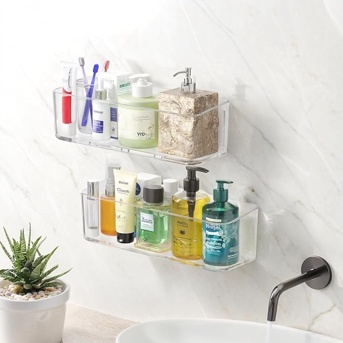 PAVSTINE 2 Pcs Clear Shower Shelf, Large Bathroom Wall Mounted Shower Caddy, No Drill Self Adhesive Bathroom Organizer with Self Adhesive Tape