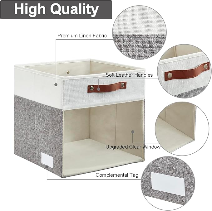 Bagnizer Storage Cubes, 4 Pack Linen Foldable Storage Bins (13 x 13 inch) with Clear Window and 2 Handles, Closet Organizers and Storage for Shelf Closet, Clothes, Books - (Gray and White)
