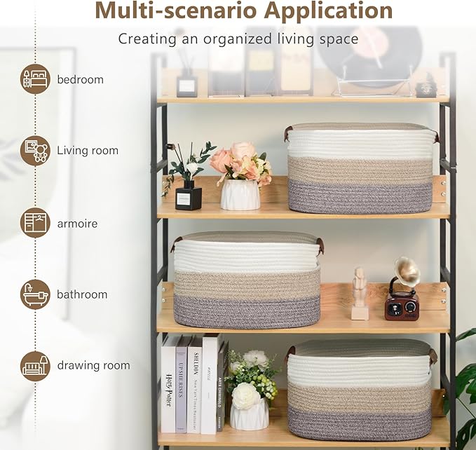 ECDYQXVU Cotton Rope Basket, Storage Baskets with Handle, 15x10x9 Inch Woven Basket for Shelves, Laundry, Towels, Clothes, Books, (Gradient Brown 1 Pack)