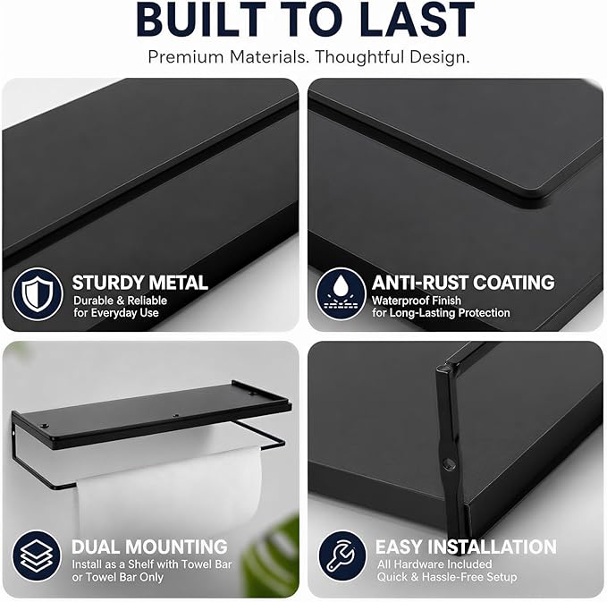 Floating Bathroom Shelves Set of 2 Wall Mounted Shelf with Black Metal Frame and Towel Rack for Bathroom Over Toilet Storage and Organizers for Bedroom Living Room Kitchen Office