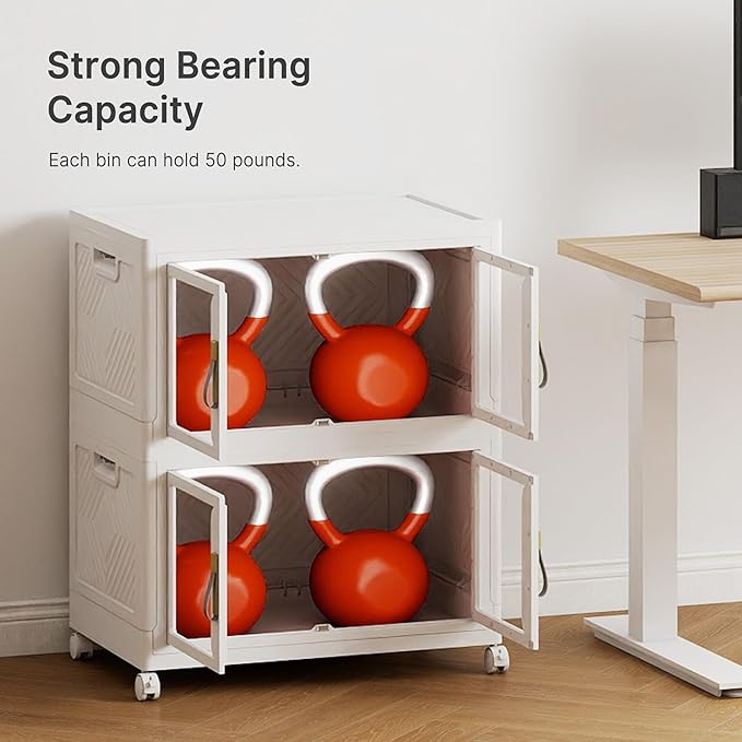 UAMFURI Stackable Storage Bins with Lids, Clear Doors, Large Storage Cabinet Foldable Collapsible Closet Organizers for Bedroom Dorm Office (2, White, 120, Quarts)