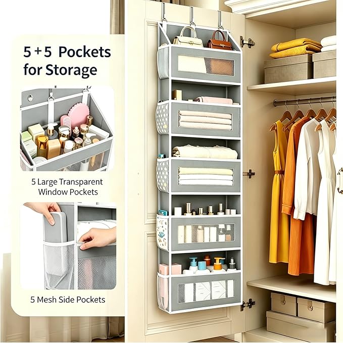 Simple Trending Over The Door Hanging Organizer, 5-Tier Shelves with 5 Large & 5 Side Pockets, Anti-Tilt Heavy Duty 44 lb Capacity Behind Door Storage for Bedroom, Bathroom, Pantry, Nursery, Grey