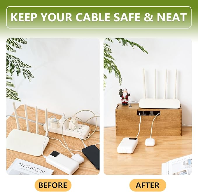 Oak Wood Cable Management Box - Large Cord Hider & Organizer with Magnetic Lid for Desk & Floor Cables in Home Office, Living Room, Bedroom (Natural)