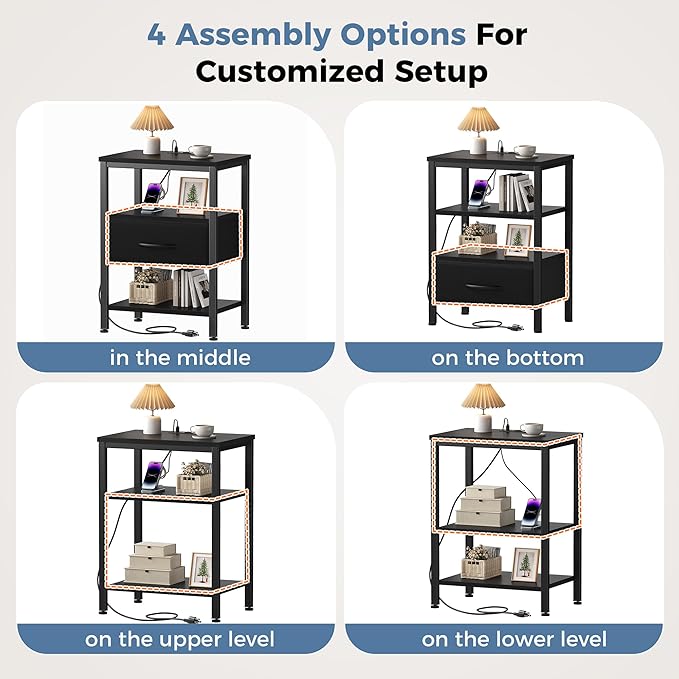 DUMOS 3-Tier Storage, Bed Side Tables with Wireless Charging Station, End Tables with Adjustable Fabric Drawers, Nightstand Set of 2, Modern Design, Black