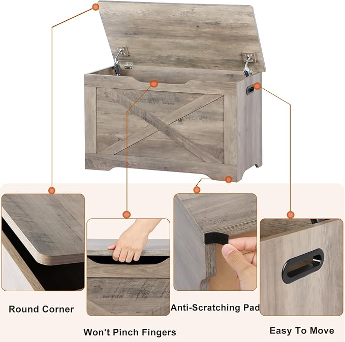 Timberer Storage Chest, Wooden Storage Bench, Entryway Shoes Bench with 2 Safety Hinges, Retro Storage Trunk for Living Room,Bedroom, 15.7 x 31.5 x 18.9 Inches, Grey