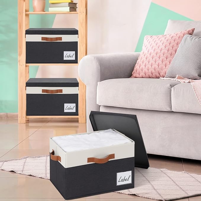 GhvyenntteS Fabric Storage Bins with Lids 6 Pack, Foldable Fabric Storage Baskets with Lid and Handles, Large Closet Organizers and Storage boxes with Label for Home Office (Black, 15" x 11" x 9.7")