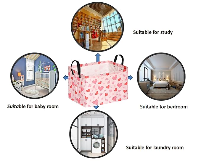 Rectangular Valentines Basket Storage Bin for Shelves Girls Gifts Baskets Foldable Box with Handles for Home Office Car Dormroom Valentine's Day Party Supplies