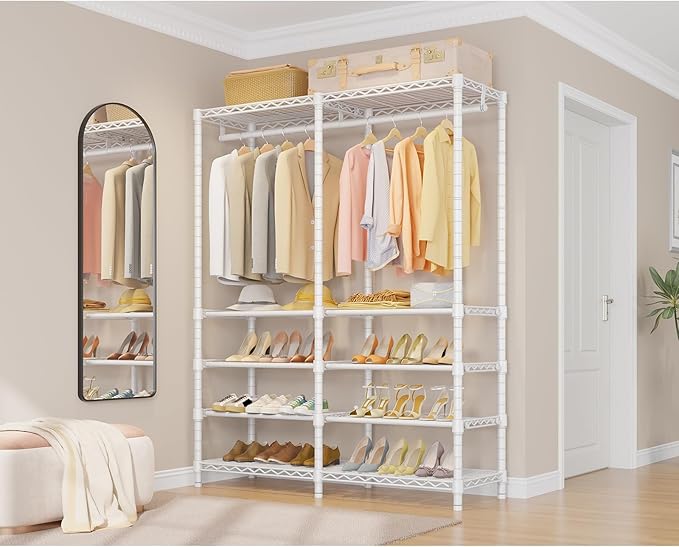 VIPEK S2 Heavy Duty Clothes Rack with Shoe Shelves Freestanding Clothing Rack with 8-Tier Shoe Rack, Double Hanging Rod, Adjustable Shelf, Walk in Closet Organizer Garment Rack, White