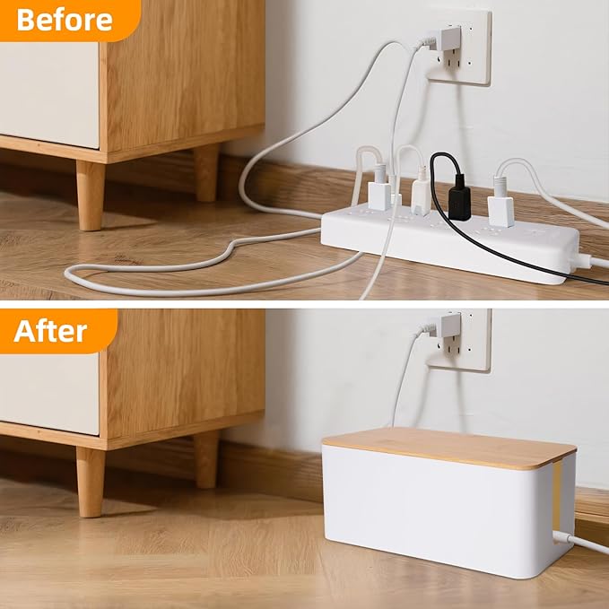 Cable Management Box 2 Pack, Cord Organizer for TV Cables Computer Wires, Under Desk Cord Hider with Bamboo Lid, Large Power Strip Cover for Home Office Router USB Hub, Child Proof Pet Proof - White