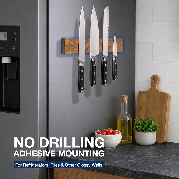 Magnetic Knife Holder for Wall, 12” Acacia Wood Magnetic Knife Strip, Knife Magnetic Strip for Fridge, Magnetic Knife Holder No Drill, Kitchen Organizer, Knife Bar with Strong Knife Magnet, Light Wood