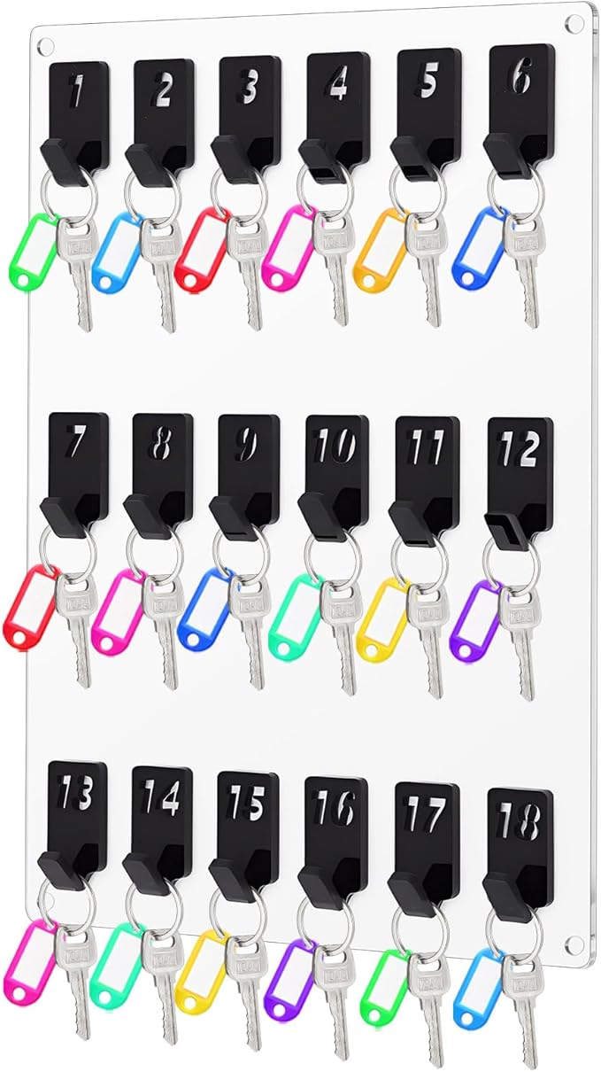 Beeveer Acrylic Key Board with 18 No. Hooks Wall Mount Key Rack Holder Hanger Storage Collection for School, Garage, Car Dealer, Office, Hotel, Real Estate(Transparent)