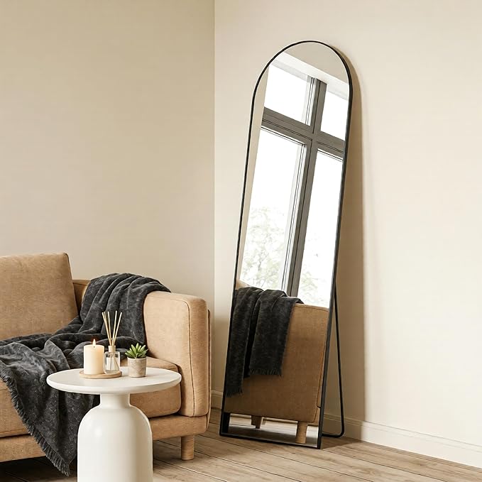 NEWBULIG 64"x21" Arched Full Length Mirror, Full Body Floor Mirror with Aluminum Alloy Thin Frame, Wall or Standing Mirror for Bedroom, Living Room, Dressing Room, Black-Arched