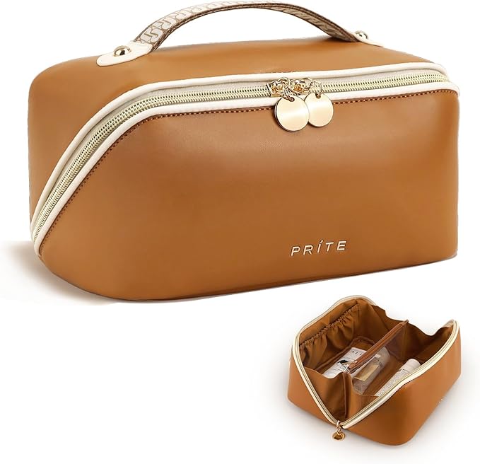 Prite Makeup Bag for Women Travel Waterproof Vegan Leather Cosmetic Bag Open Flat Toiletry Bag With Clear Divider and Handle (New Brown, Large)