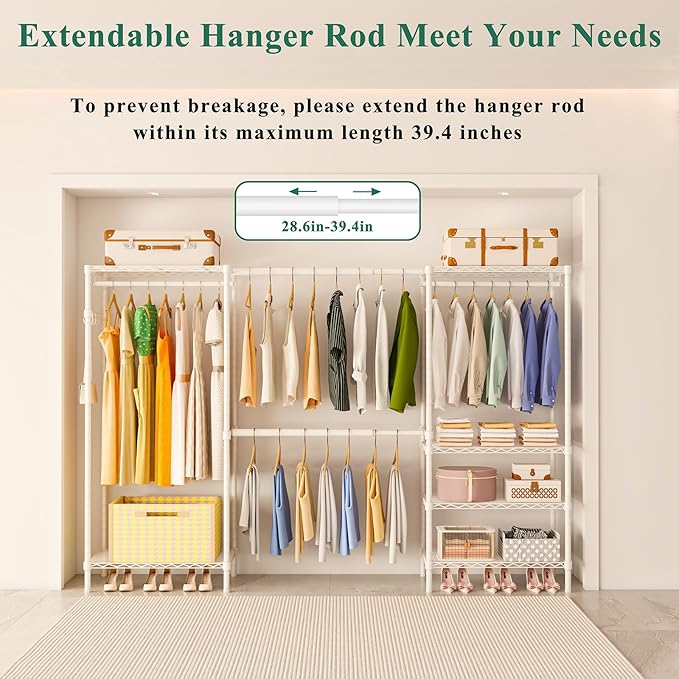 Heavy Duty Garment Rack, Portable Expandable Freestanding 4 Tiers Adjustable Wire Shelves Clothes Rack with 2 Retractable Poles, 70.9-86.6" L x 15.7" W x 76.8" H, Max Load 900LBS, White