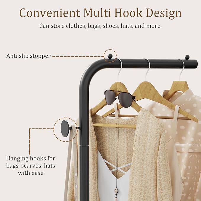 OUTBROS Coat Rack, Portable L-shaped Clothes Rack with Hook, Modern Hanger, Sturdy Freestanding Metal Clothing Rack, Used in Bedroom, Entrance and Living Room, 15.3x10.2x70.8 inch, Black
