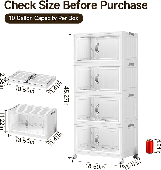Hanyi 304 QT Stackable Storage Bins with Lids, 4 Tier Collapsible Plastic Storage Cabinet with Magnetic Doors, Removable Top Lid, Locking Wheels, Closet Organizer for Bedroom, Pantry, Office
