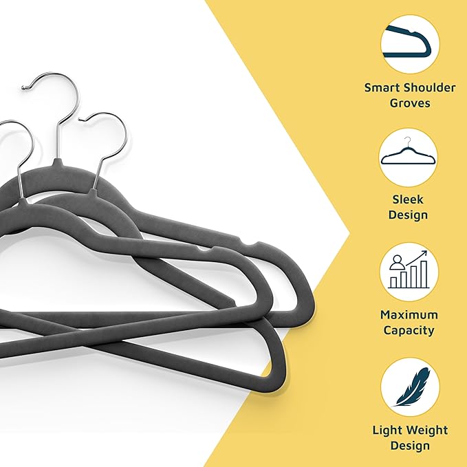 Lifemaster Velvet Clothes Hangers – with 360 Degree Swivel Hook and Non-Slip Shoulder Notch, Holds Up to 10 lbs, Heavy Duty Hanger Set, for Organizing Suit, Dress, Coat, and Clothes, Pack of 10, Gray