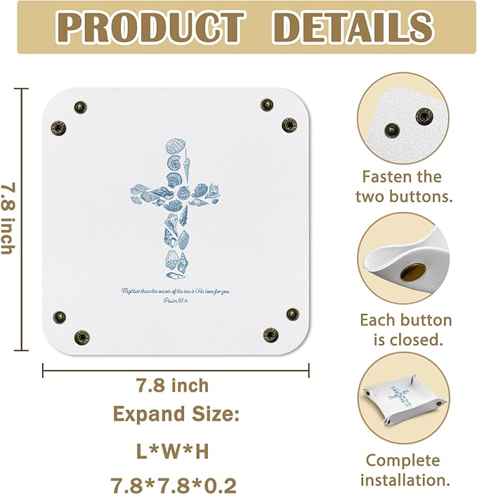 Christian Gifts Jewelry Valet Tray for Women Mom, Coastal Beach Seashell Cross Bible Verse PU Leather Catchall Beside Caddy Nightstand Tray for Jewelry Rings Watches Keys