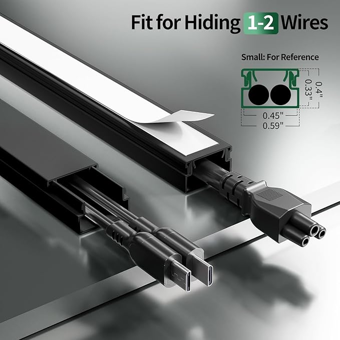 Black Cord Hider, 212.6in Cord Covers for 1-2 Wires on Wall, Paintable Cable Hider, Wire Hider Wire Covers for Cords on Walls, Easy Set-up Cable Raceway Management to Hide Cords, W0.59 H0.4in, Black