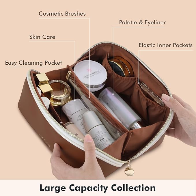 Prite Makeup Bag for Women Travel Waterproof Vegan Leather Cosmetic Bag Open Flat Toiletry Bag With Clear Divider and Handle (Dark Brown, Medium)