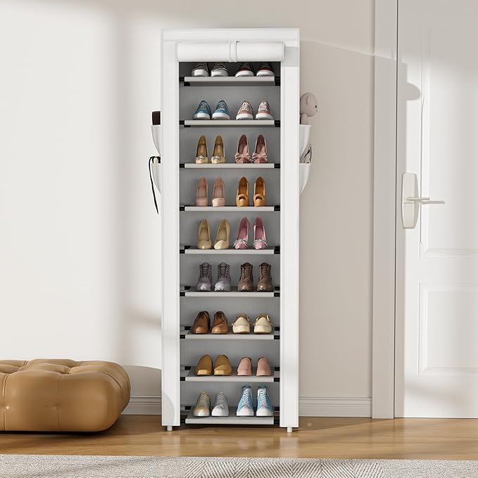 VILICK Shoe Rack with Cover Narrow Shoe Rack Organizer with 4 Side Pockets 10 Tier Tall Shoe Storage Shoe Shelf Holds 18-22 Pairs Shoes and Boots Shoe Rack for Closet, Printing