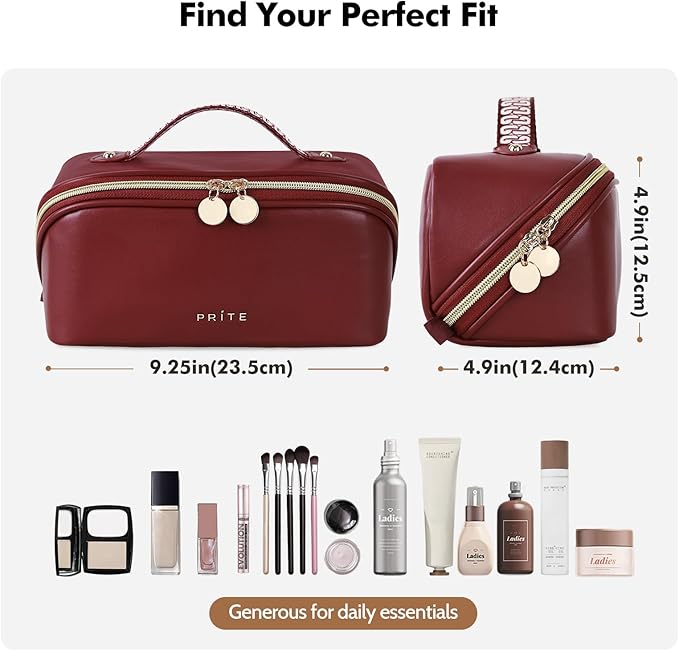 Prite Makeup Bag for Women Travel Waterproof Vegan Leather Cosmetic Bag Open Flat Toiletry Bag With Clear Divider and Handle (Dark Red, Medium)