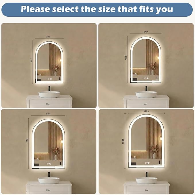 Sweetcrispy 20"×28" LED Arched Bathroom Mirror with Lights, Arched Lighted Bathroom Vanity Mirror with Anti-Fog, Dimmable, 3-Color Light, Memory Function, Tempered Glass
