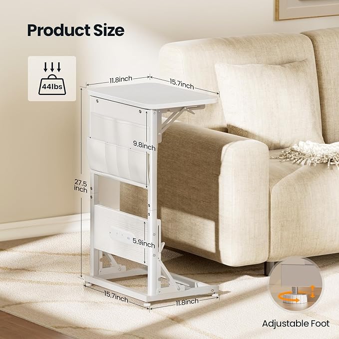 HLDIRECT C Shaped End Table with Charging Station, Couch Side Table with Storage Bag, Foldable TV Tray with 2 USB Ports and Outlets for Living Room, Bedroom, White