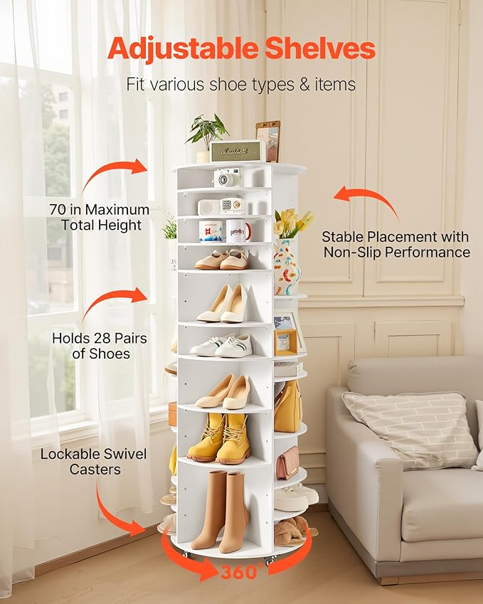 VEVOR 7 Tier Rotating Shoe Rack Tower with Adjustable Shelves, Movable 360° Spinning Carousel Display with Wheels, Lazy Susan Organizer Closet for Bedroom, Living Room, Entryway, Closet, White