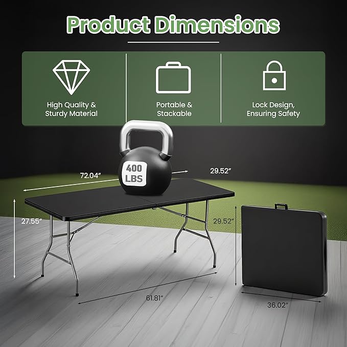 6FT Folding Table Set of 10 Portable Heavy Duty Plastic Table with Carrying Handle Fold-in-Half Utility Foldable Tables for Parties Wedding Events Dining Indoor Outdoor Picnic (Black)