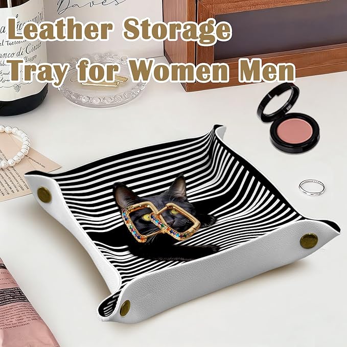 Black Cat Gifts Leather Jewelry Valet Tray,Cat Mom Lovers Gifts for Women PU Leather Catchall Beside Caddy Nightstand Organizer Tray for Jewelry Rings Watches Keys and Accessories,7.8x7.8inch