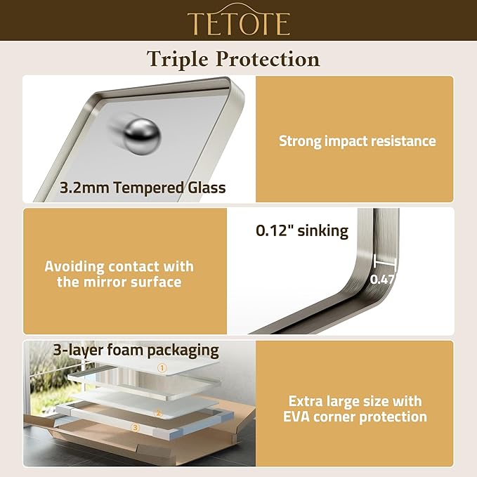 TETOTE Brushed Nickel Bathroom Mirror 40 x 30 Inch Brushed Nickel Metal Framed Bathroom Mirror, Tempered Glass, Modern Farmhouse Wall Mounted Mirror for Decorative(Horizontal/Vertical)