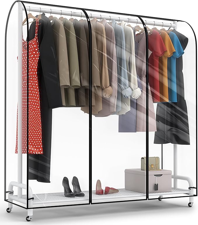 Clear Garment Rack Cover 63" L x 20" W x 60" H, Clothes Rack Cover with Reinforced Double Zippers, Waterproof PEVA Dustproof Protection – Cover Only, Rack Not Included