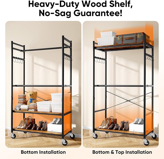 HOKEEPER Heavy Duty Rolling Clothes Rack, Metal Closet Organizer with Wood Shelves, Adjustable 70.9"-79.9" H x 39.3" W Freestanding Wardrobe for Bedroom, Max Load 450 LBS