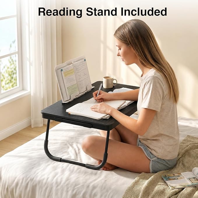 BUYIFY Foldable Laptop Bed Desk for Couch, Sofa - Large Lap Desk Tray Table with Cup Holder and Tablet Slot - Portable Notebook Stand for Eating, Writing, Studying and WFH (Black)-OKS1