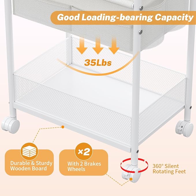 3-Tier Diaper Caddy Organizer & Rolling Cart,Metal Utility Cart with 4+2 Dividers & Lockable Silent Casters, Mobile Storage Cart for Nursery Essentials, Multi-Purpose for Kidsroom Changing Table