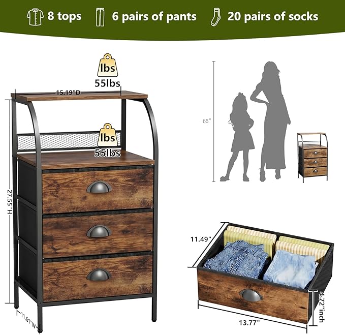 Night Stand Set 2, Nightstand with 3 Fabric Drawers and 2-Tier Shelf, Small Dresser Organizer, Bedside Table with Storage, End Table for Bedroom, Steel Frame, Wood Top, Rustic Brown