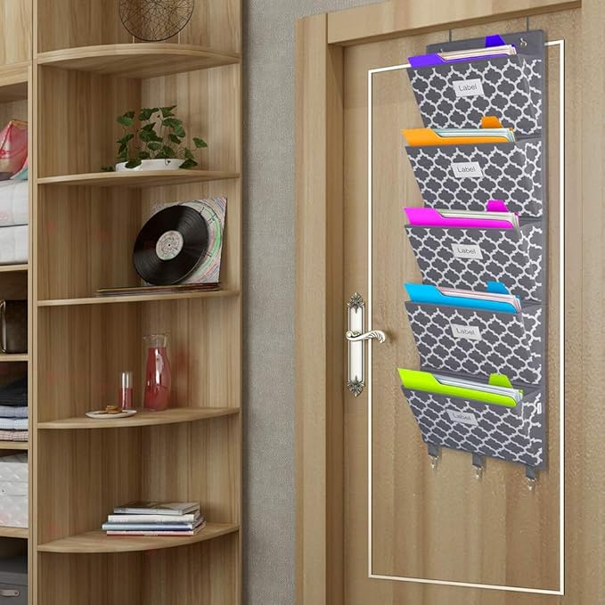 homyfort Over the Door File Organizer, Hanging File Folders, Wall Organizers and Storage for Mail, Magazine, Notebooks, Planners, Office, Classroom, 5 Extra Large Pockets (Grey Lantern Pattern)