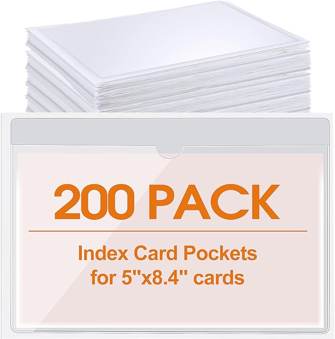 Outus 200 Pack 5 x 8.4 Inch Self Adhesive Label Pockets Bulk Plastic Labels Holders for Storage Bins Clear Classroom Nameplate Sleeves Index Card Tote Photos Waterproof Protect Office